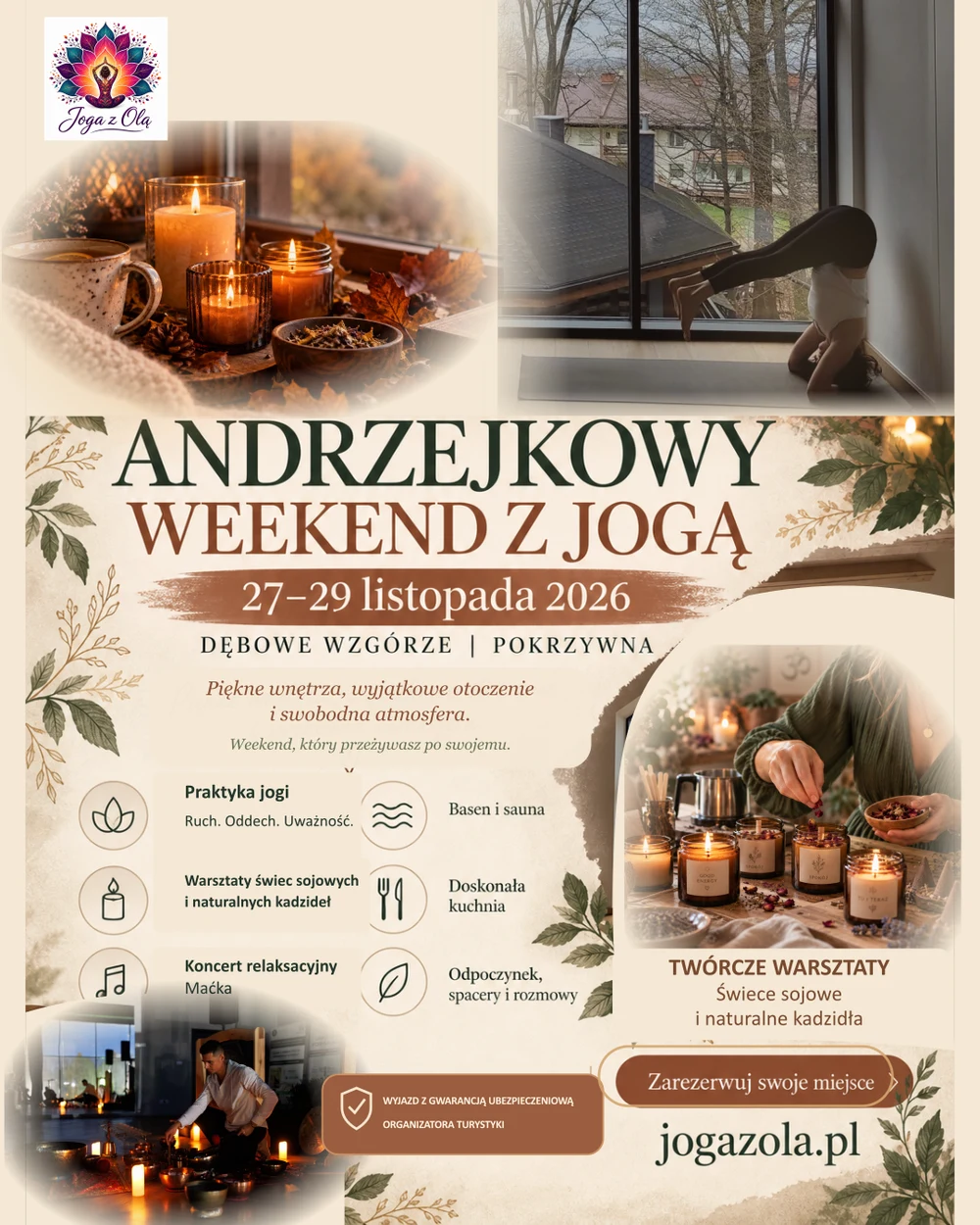 Plakat Andrzejkowego Weekendu z Jogą, 27–29 listopada 2026, Dębowe Wzgórze w Pokrzywnej