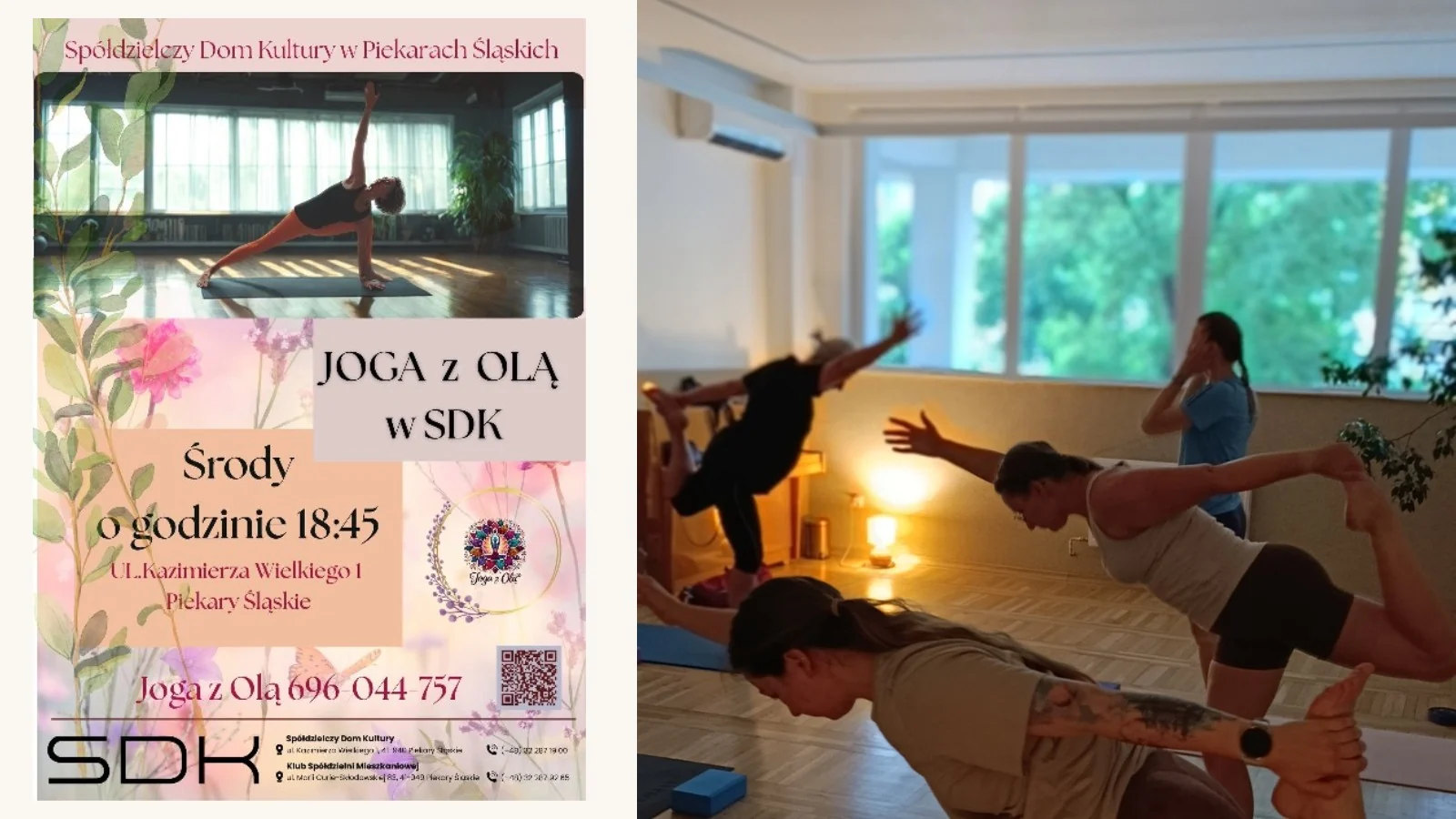 Kolaż zdjęć z zajęć Joga z Olą w Spółdzielczym Domu Kultury w Piekarach Śląskich